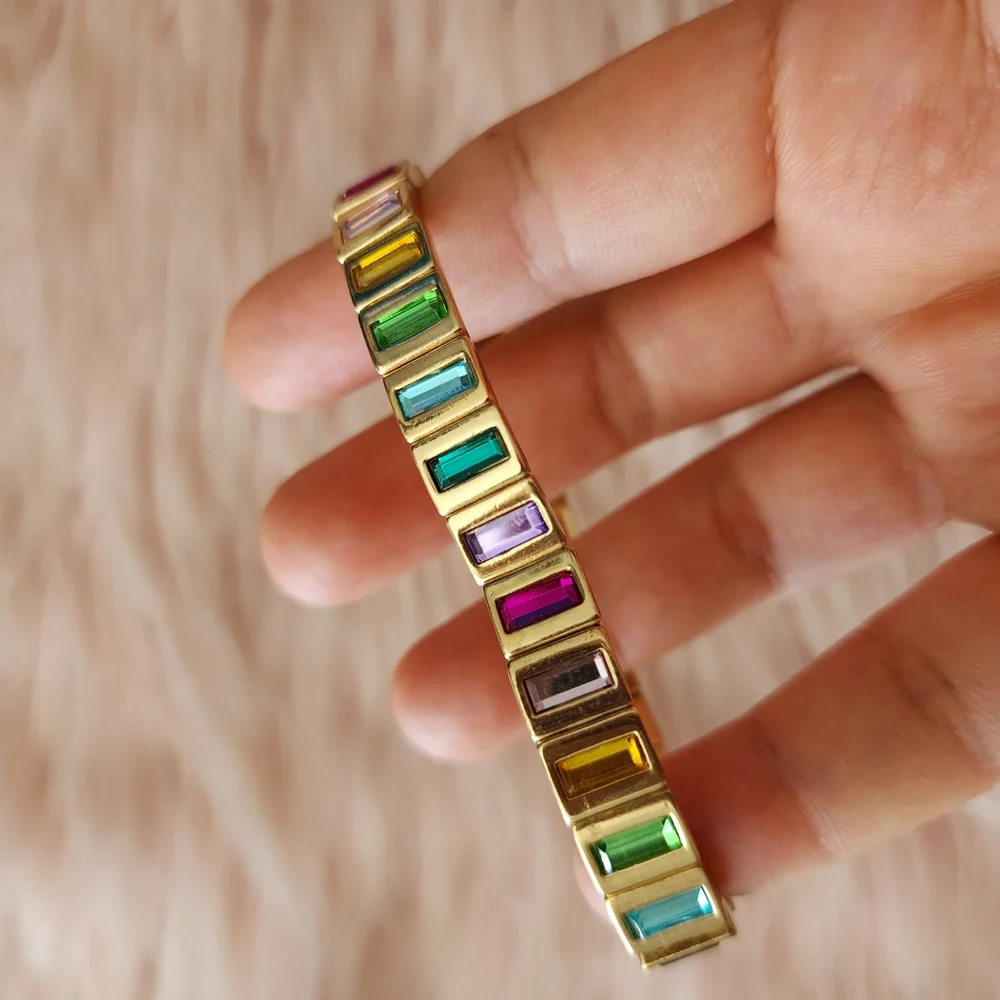 Vibrant Rainbow Rhinestone Bracelet Gold Tone Baguette Crystal Stretch Jewelry